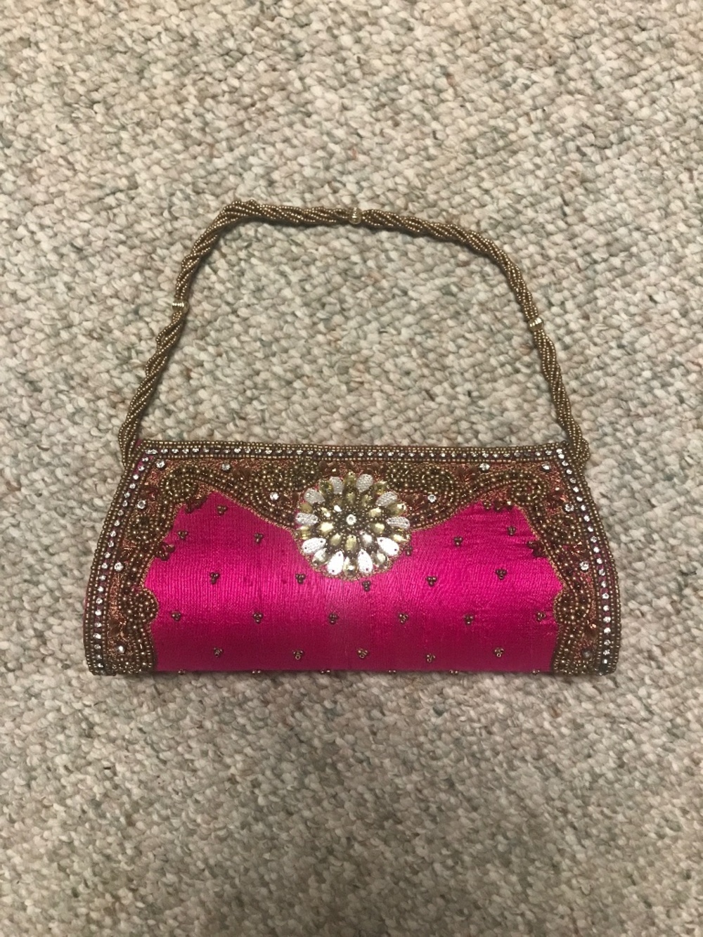 Fuchsia Pink Beaded Silk Wristlet Clutch Purse